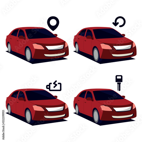 Set of colorful sedan car illustrations with location icon
