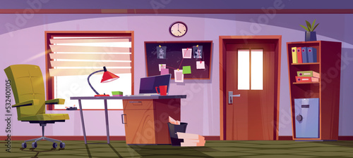 Police department or private detective agency office with desk and board with evidences. Vector cartoon illustration of detective agent cabinet with laptop on table, chair, bookcase and pinboard