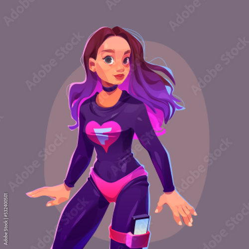 Girl superhero cartoon character, young sexy woman with long hair wear tight super hero costume with heart print on breast. Female powerful comics personage, avatar or portrait, Vector illustration