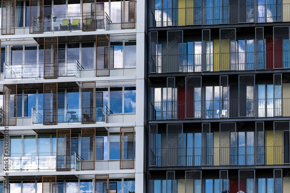 Copenhagen, Denmark Modern residential buildings and baclonies in the new Orestad district.