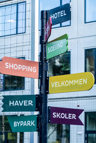 Copenhagen, Denmark A colored street sign pointing to different attractions in the new Orestad district. © Alexander