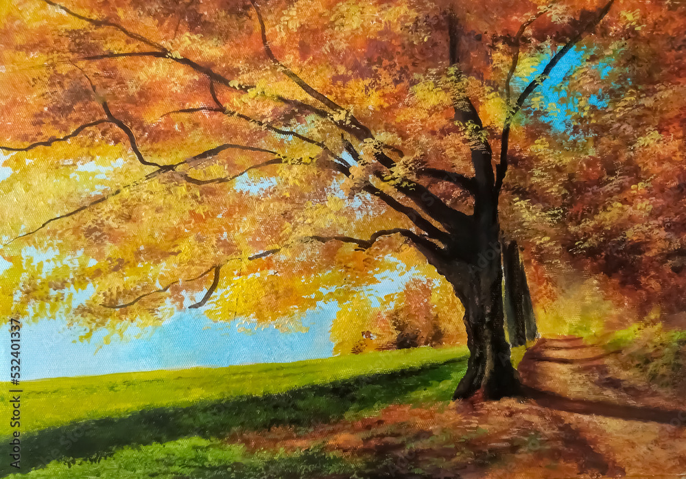 autumn. autumn painting in a village with rice fields using acrylic paint autumn. autumn painting in a village with rice fields using acrylic paint