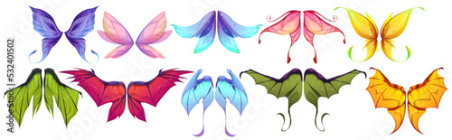 Wings of fairy, dragon or butterfly isolated set. Myth and fable creatures, birds or pixie different wing pairs. Colorful magic collection for rpg game fantasy characters, Cartoon vector illustration