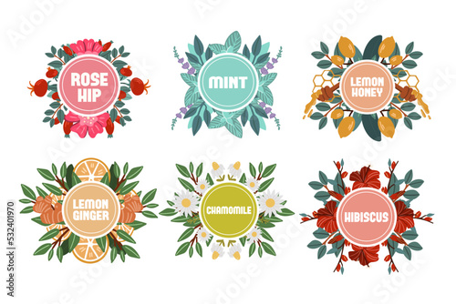 The set of labels herbal tea. Emblem for packaging.