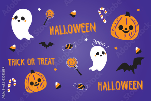 Happy Halloween festival trick or treat pumpkins ghost bat and the yellow moon on dark purple background