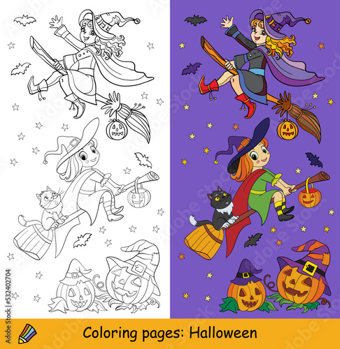 Halloween kids coloring with template witches on a broomsticks