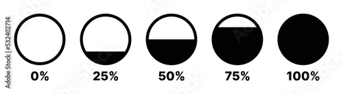 Set of filled circle from 0 to 100 percent icon. Partially full vector circular shape symbol.