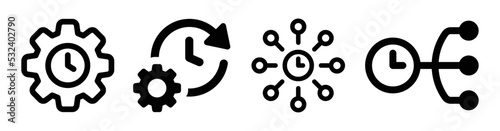 Time management project planning icon set. Cogwheel with clock vector symbol isolated on white background. 