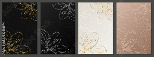 Elegant cover set with lilium. Floral pattern, gold and silver flower lily motif on black, platinum and  pink background. Vector pattern for weddings, luxury events, invitation, fashion and beauty