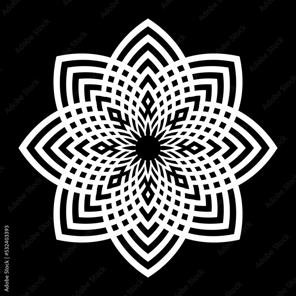 Abstract Geometric Circle Pattern. White Lacy Design Element on Black Background. Abstract Geometric Circle Pattern. White Lacy Design Element on Black Background.