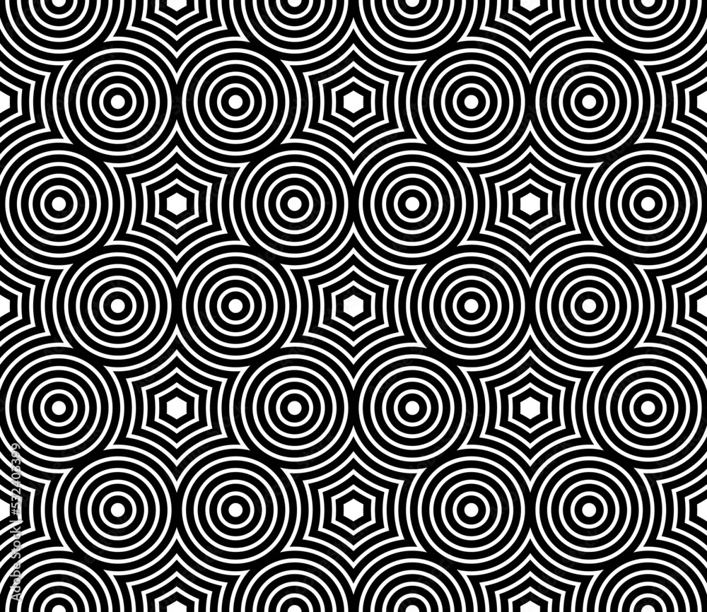 Seamless Geometric Circles and Hexagons Pattern. Black and White Texture.