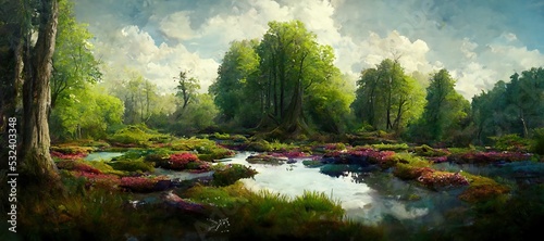 Enchanting watercolor evergreen forest  old grove trees  moss and ferns. Calm tranquil nature green scene. Wild flowers  fantasy woodland swamp  wetland grass  fen river streams and springs. 