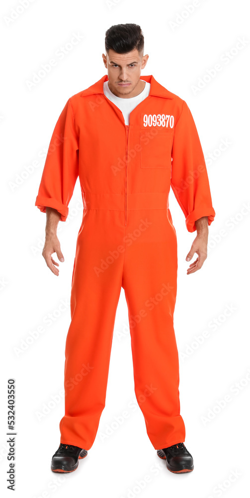 Prisoner in orange jumpsuit on white background Prisoner in orange jumpsuit on white background