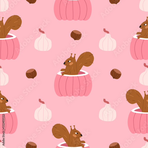 Wallpaper Mural Autumn seamless pattern with squirrel pumpkin and nuts. Trendy print for autumn decor. Torontodigital.ca