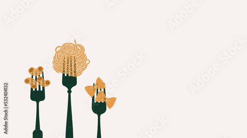 Forks with various pasta. Italian food horizontal design template. Textured vintage illustration. Vector illustration