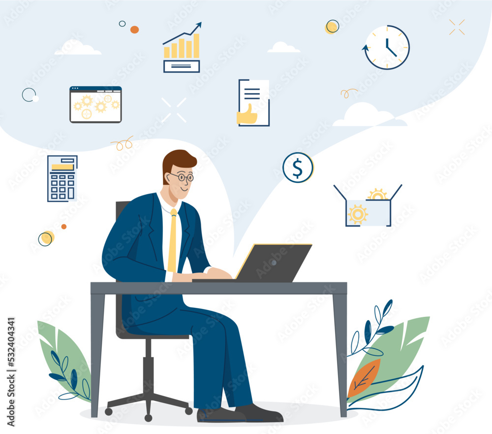 Handsome office worker. A man is working on a laptop and infographics and workflow icons in the background. Vector illustration. Handsome office worker. A man is working on a laptop and infographics and workflow icons in the background. Vector illustration.