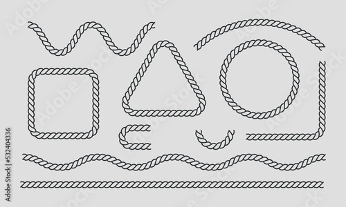 Rope frame, set of rope decorative elements. Black Thin Line Icon Set. Different types. Vector illustration