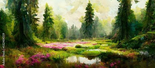 Enchanting watercolor evergreen forest, old grove trees, moss and ferns. Calm tranquil nature green scene. Wild flowers, fantasy woodland swamp, wetland grass, fen river streams and springs.  photo