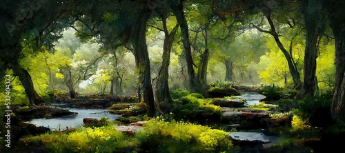Stampa su tela Enchanting watercolor evergreen forest, old grove trees, moss and ferns