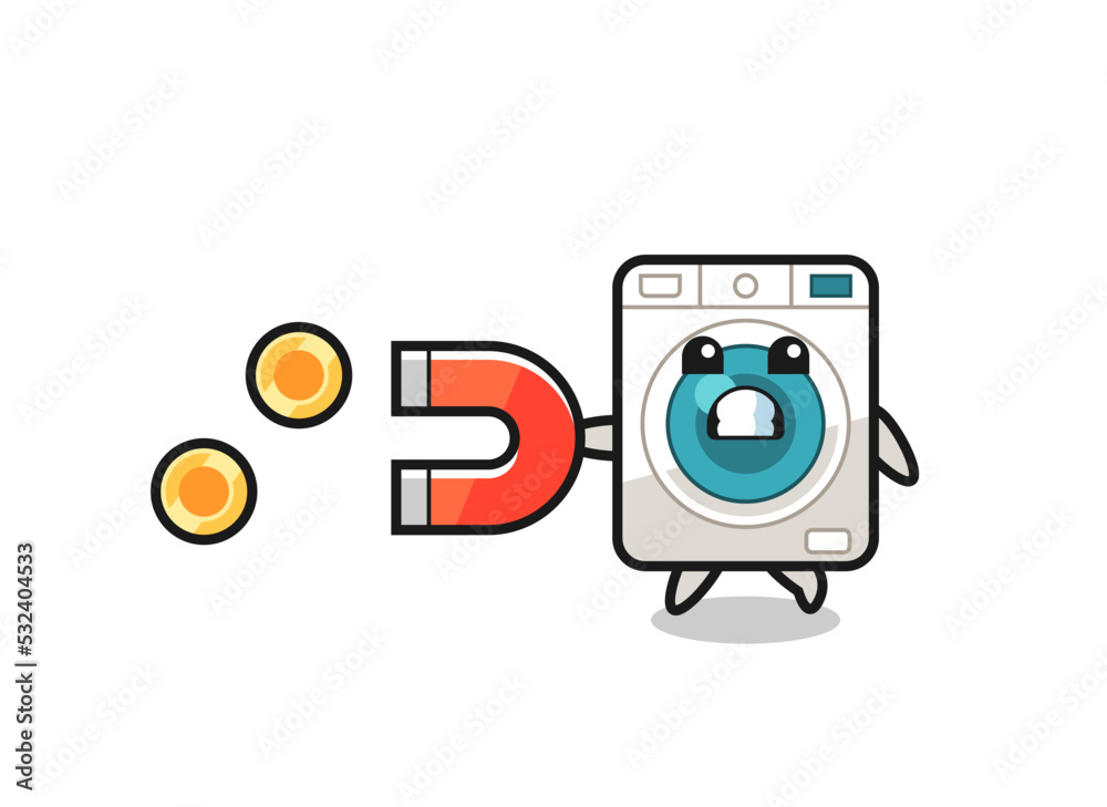 the character of washing machine hold a magnet to catch the gold coins