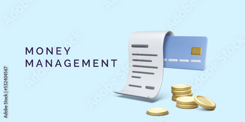 Paper 3D bill with credit card and gold coins. Business banner for payment or money transaction services. Online shopping cash back concept