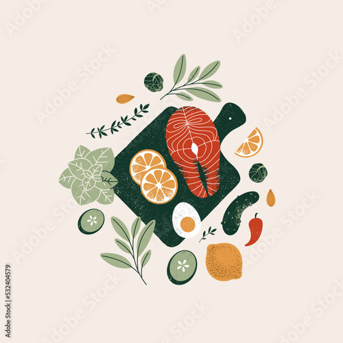 Healthy eating ingredients on the board. Salmon and vegetables. Keto food. Tomato and herbs. Vector illustration