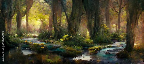 Enchanting watercolor evergreen forest, old grove trees, moss and ferns. Calm tranquil nature green scene. Wild flowers, fantasy woodland swamp, wetland grass, fen river streams and springs.  photo