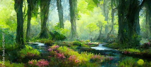 Enchanting watercolor evergreen forest  old grove trees  moss and ferns. Calm tranquil nature green scene. Wild flowers  fantasy woodland swamp  wetland grass  fen river streams and springs. 