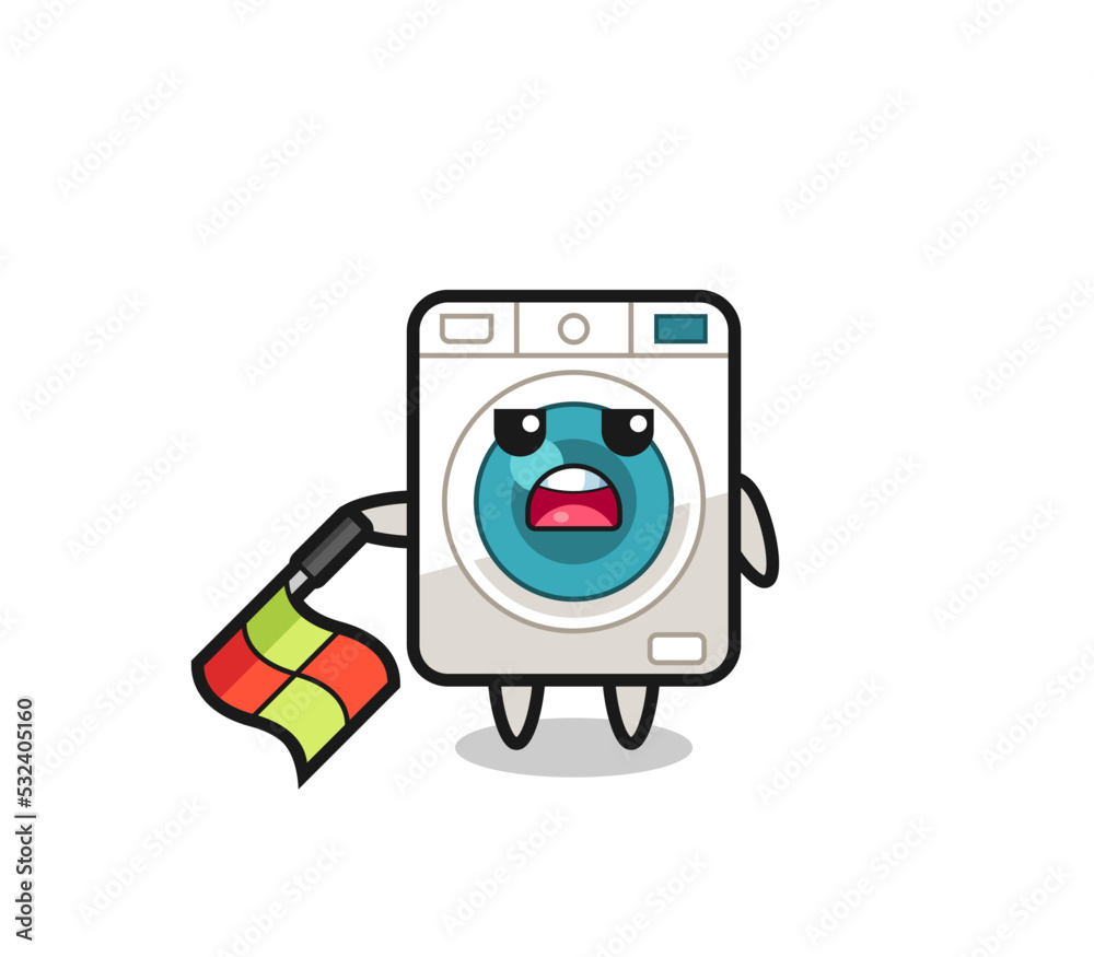 washing machine character as line judge hold the flag down at a 45 degree angle
