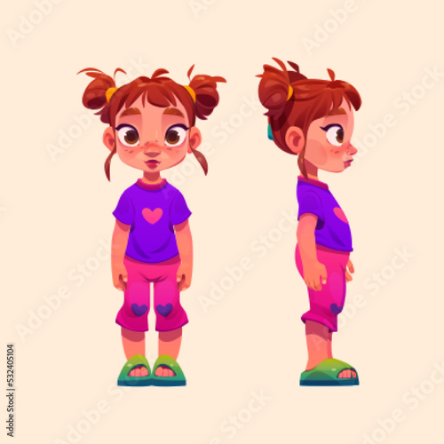 Cartoon little girl standing front and profile side view, game animation character illustration. Cute child with red hair, freckled face wearing colorful summer clothing. Funny preschool kid