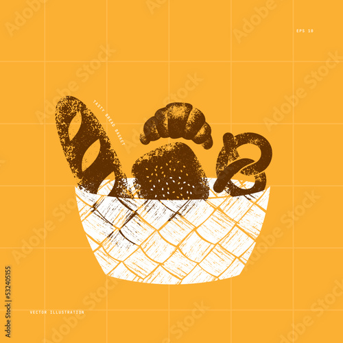 Textured bread illustration. Bread in a basket. Vintage illustration