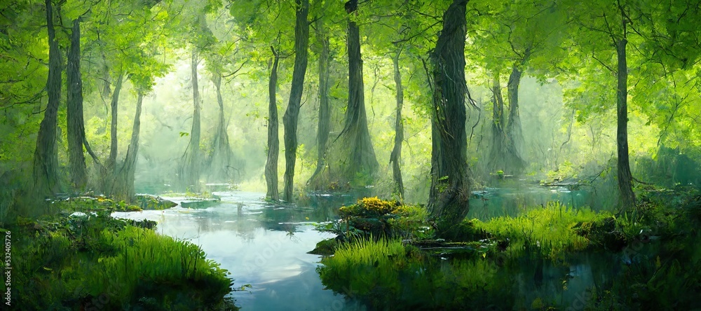 Fototapeta premium Enchanting watercolor evergreen forest, old grove trees, moss and ferns. Calm tranquil nature green scene. Wild flowers, fantasy woodland swamp, wetland grass, fen river streams and springs.