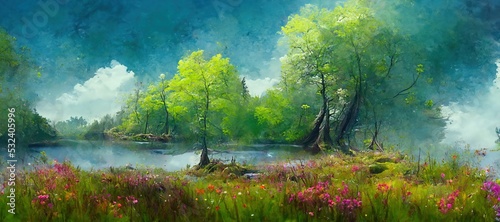 Enchanting watercolor evergreen forest, old grove trees, moss and ferns. Calm tranquil nature green scene. Wild flowers, fantasy woodland swamp, wetland grass, fen river streams and springs. 