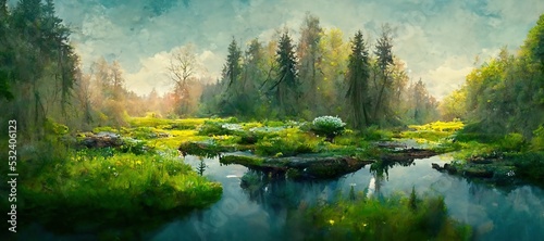 Enchanting watercolor evergreen forest, old grove trees, moss and ferns. Calm tranquil nature green scene. Wild flowers, fantasy woodland swamp, wetland grass, fen river streams and springs. 