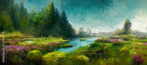 Enchanting watercolor evergreen forest, old grove trees, moss and ferns. Calm tranquil nature green scene. Wild flowers, fantasy woodland swamp, wetland grass, fen river streams and springs. 