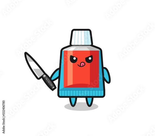 cute toothpaste mascot as a psychopath holding a knife