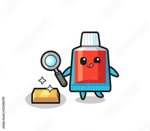 toothpaste character is checking the authenticity of the gold bullion