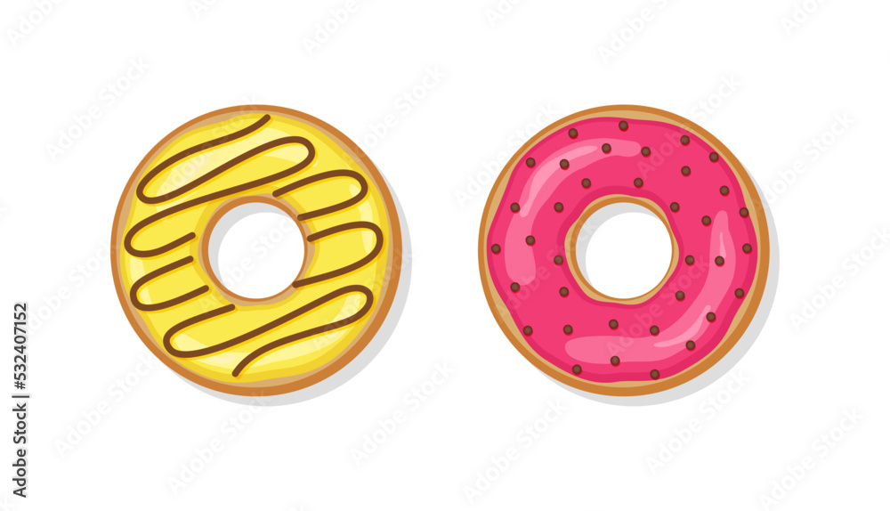 Obraz premium Two glazed donuts. Top view of birthday pastry. Sweet doughnuts with glossy icing. Confectionery dessert isolated on white background. Flat cartoon design. Vector illustration.