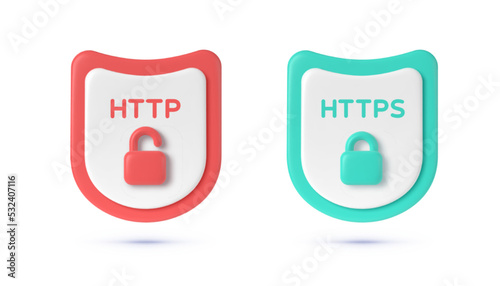 HTTP and HTTPS Protocols. Safe and Secure Wev Browsing. Safety internet technology, data secure. 3d security safe icon. Vector design illustration