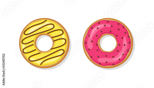 Two glazed donuts. Top view of birthday pastry. Sweet doughnuts with glossy icing. Confectionery dessert isolated on white background. Flat cartoon design. Vector illustration.