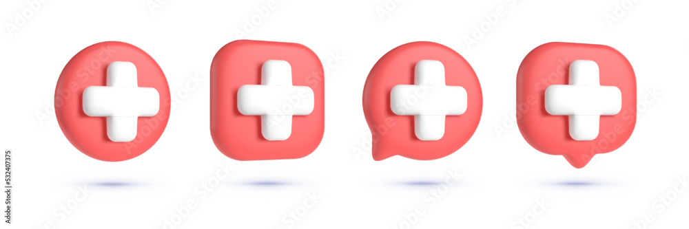 Big collection Medicine red signs 3d. Plus mark. Vector illustration 3d - obrazy, fototapety, plakaty 