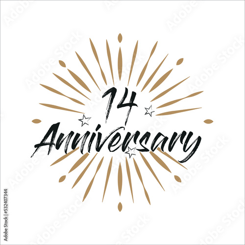 14 years anniversary retro vector emblem isolated template. Vintage logo 14th years with ribbon and fireworks on white background
