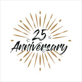 25 years anniversary retro vector emblem isolated template. Vintage logo 25th years with ribbon and fireworks on white background
