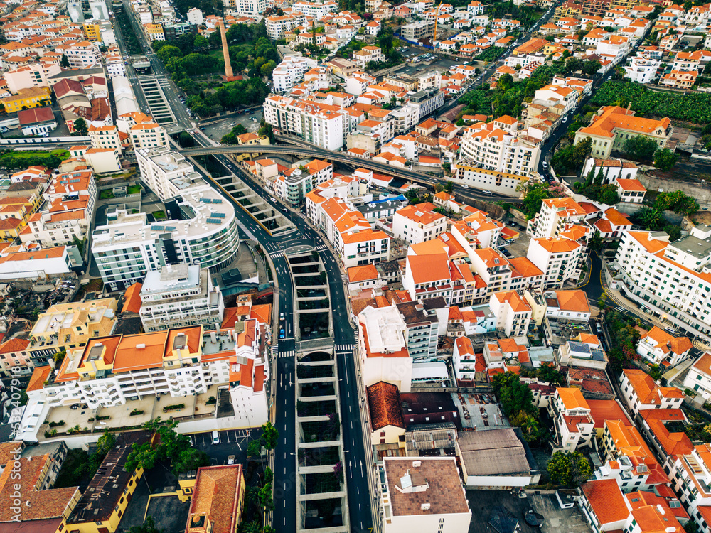 Funchal Aerial View Evening Time. Funchal is the Capital and Largest City of Madeira Island in Portugal. Europe. 