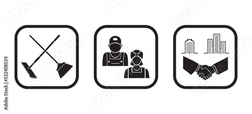 Vector set of business symbols: broomstick and brush, service personnel and houses and handshake icons