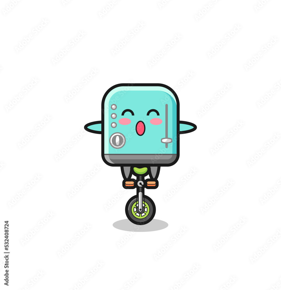 The cute toaster character is riding a circus bike The cute toaster character is riding a circus bike