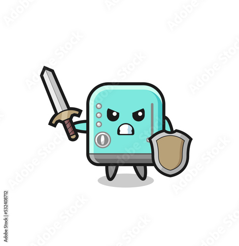 cute toaster soldier fighting with sword and shield