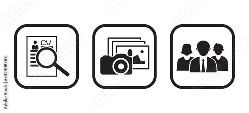 Vector set of business symbols: photo-camera, document searching, staff and personnel icons