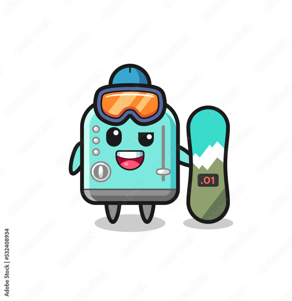 Illustration of toaster character with snowboarding style