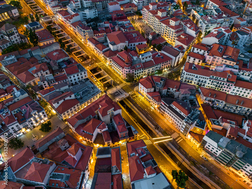 Funchal Aerial View Evening Time. Funchal is the Capital and Largest City of Madeira Island in Portugal. Europe. 